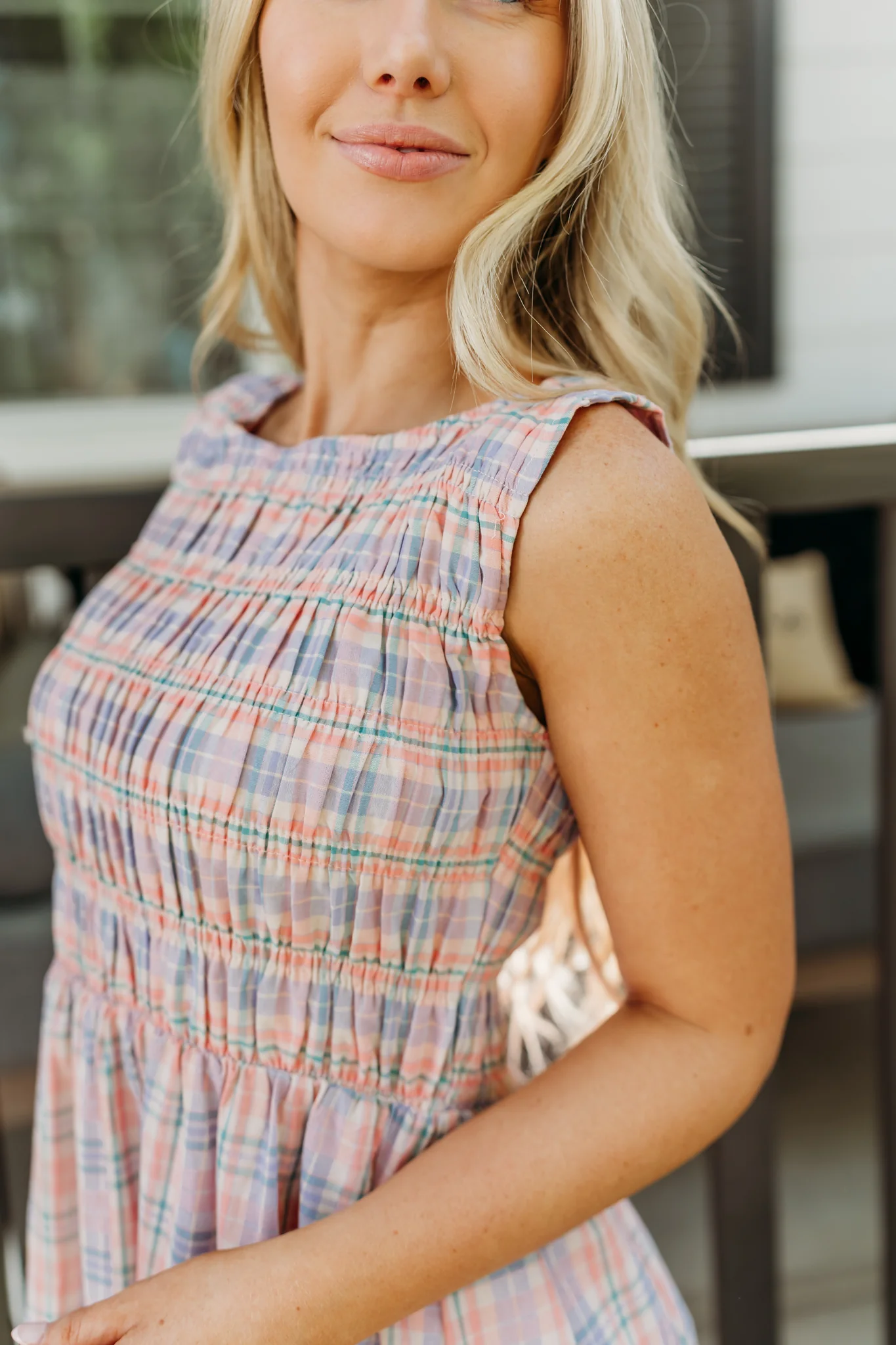 THE SAVANNAH SMOCKED PLAID DRESS IN CORAL - Image 3