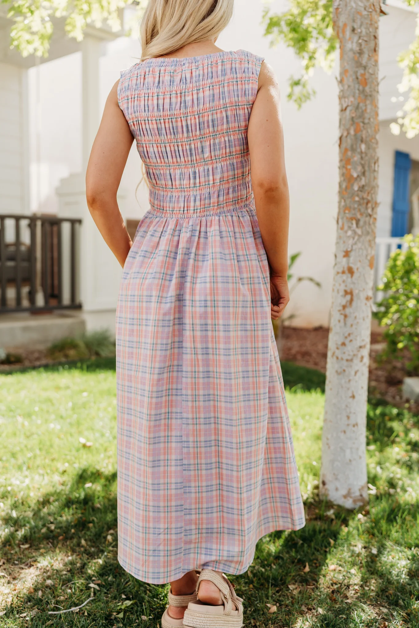 THE SAVANNAH SMOCKED PLAID DRESS IN CORAL - Image 4