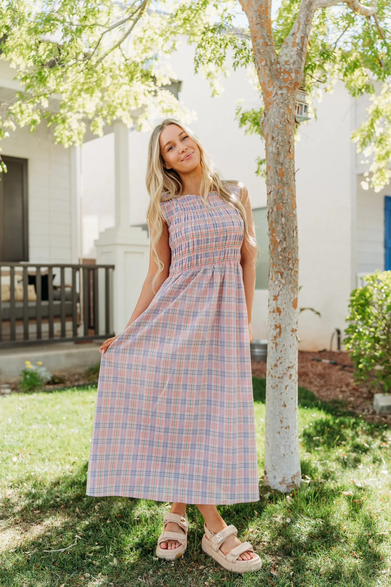 THE SAVANNAH SMOCKED PLAID DRESS IN CORAL - Image 5