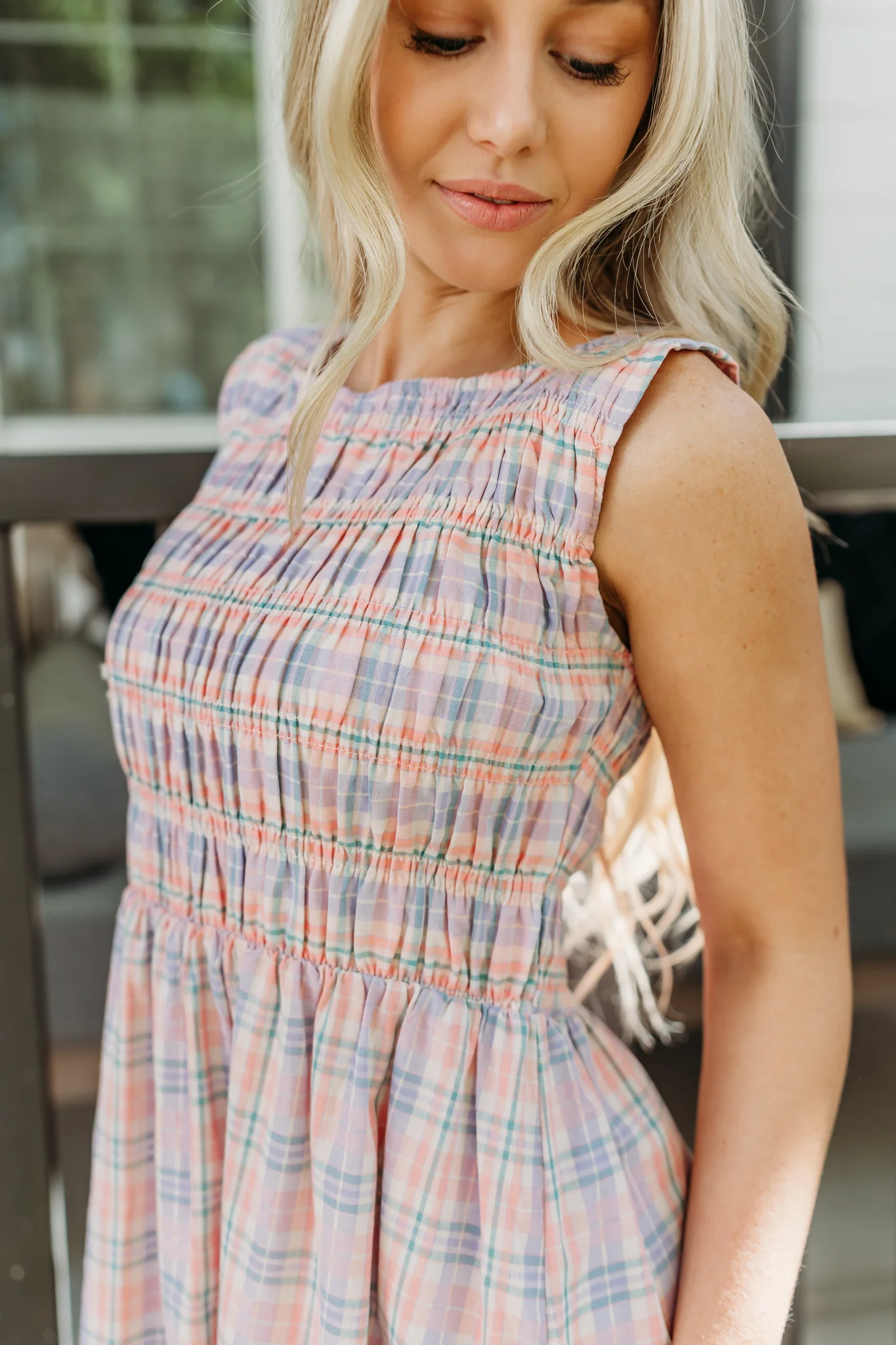 THE SAVANNAH SMOCKED PLAID DRESS IN CORAL - Image 7