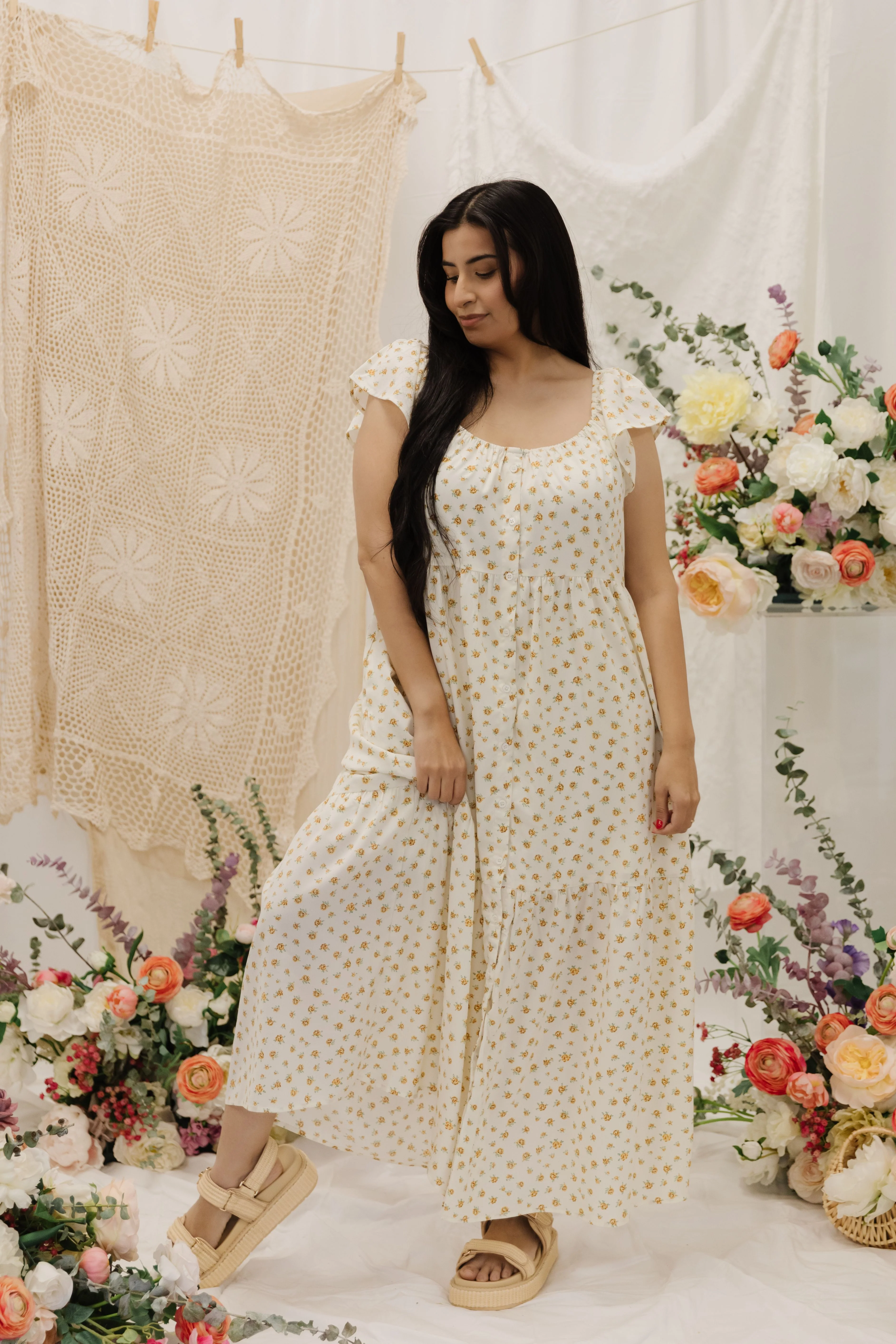 THE SESSALY FLORAL BUTTON UP MIDI DRESS IN YELLOW - Image 3