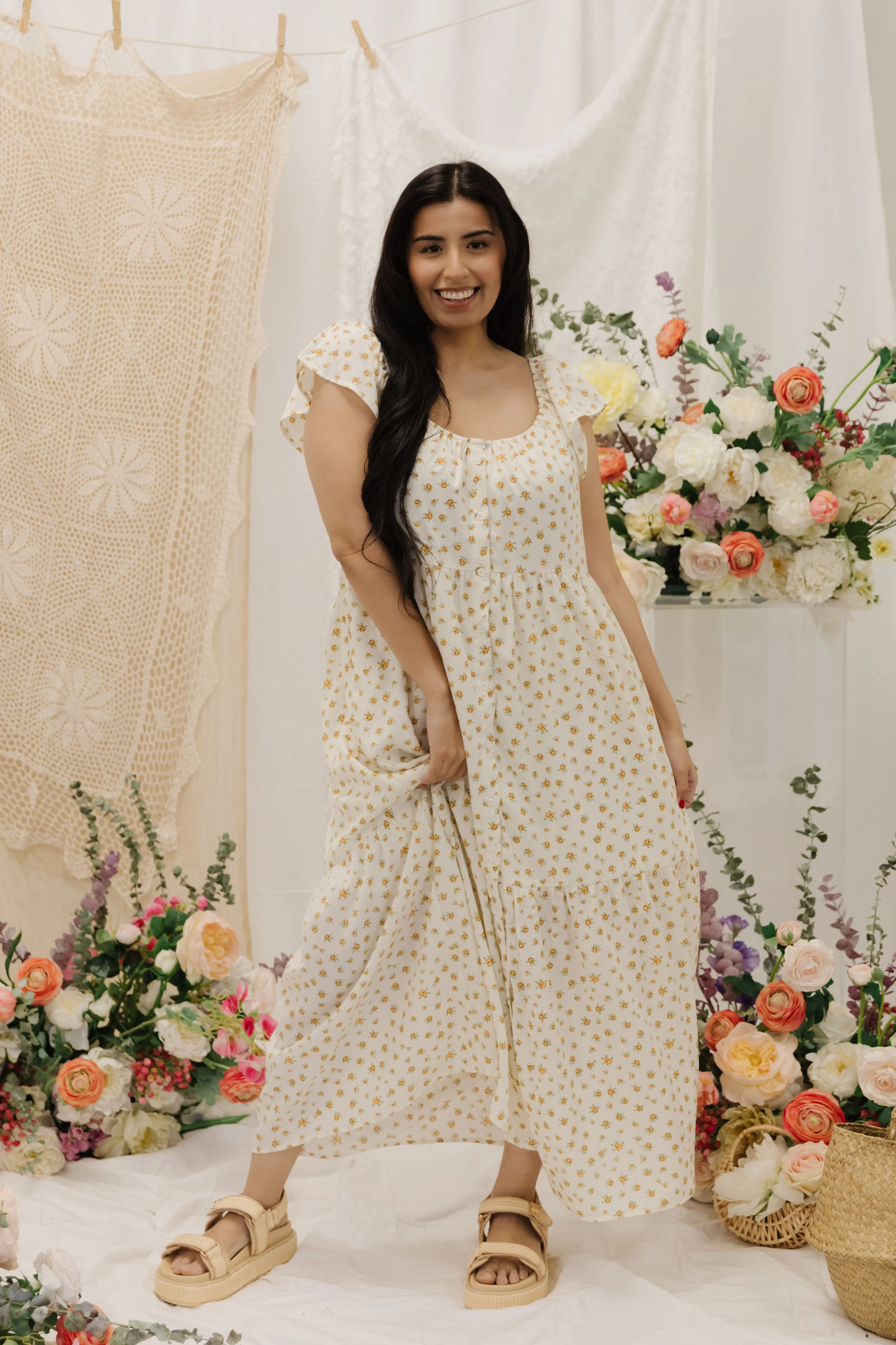 THE SESSALY FLORAL BUTTON UP MIDI DRESS IN YELLOW - Image 5