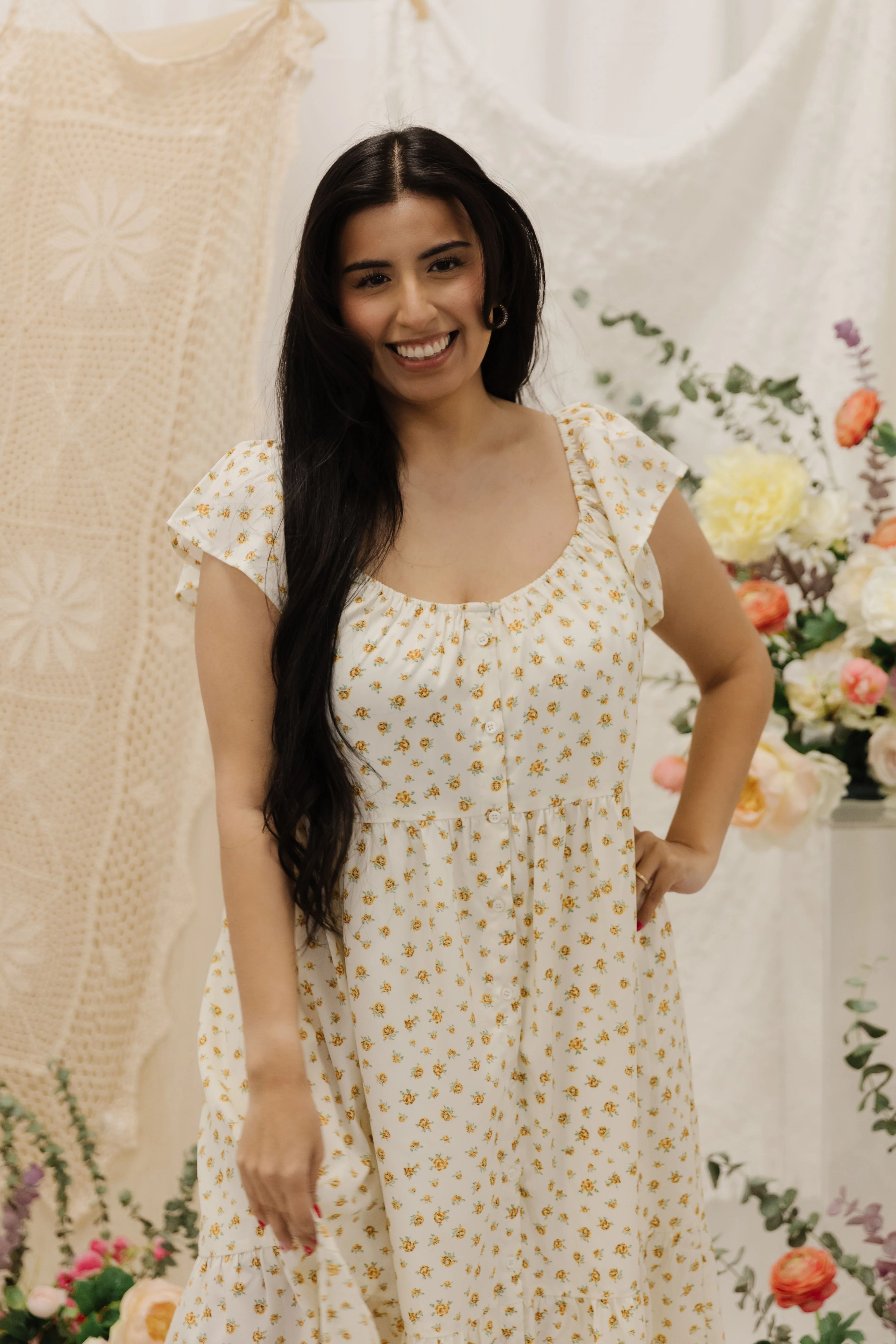 THE SESSALY FLORAL BUTTON UP MIDI DRESS IN YELLOW - Image 6