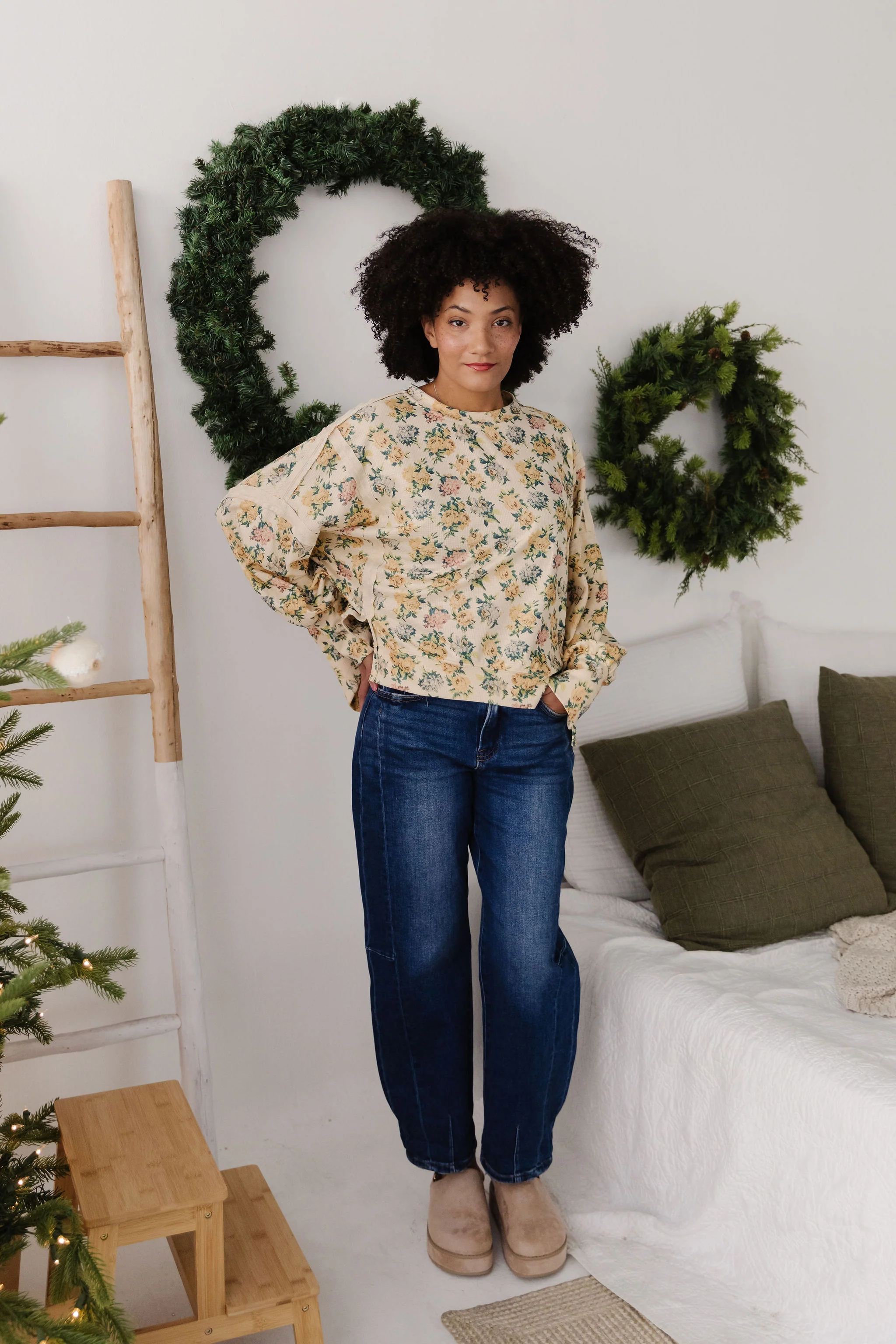 THE SHILANE WAFFLE FLORAL TOP IN CREAM - Image 4