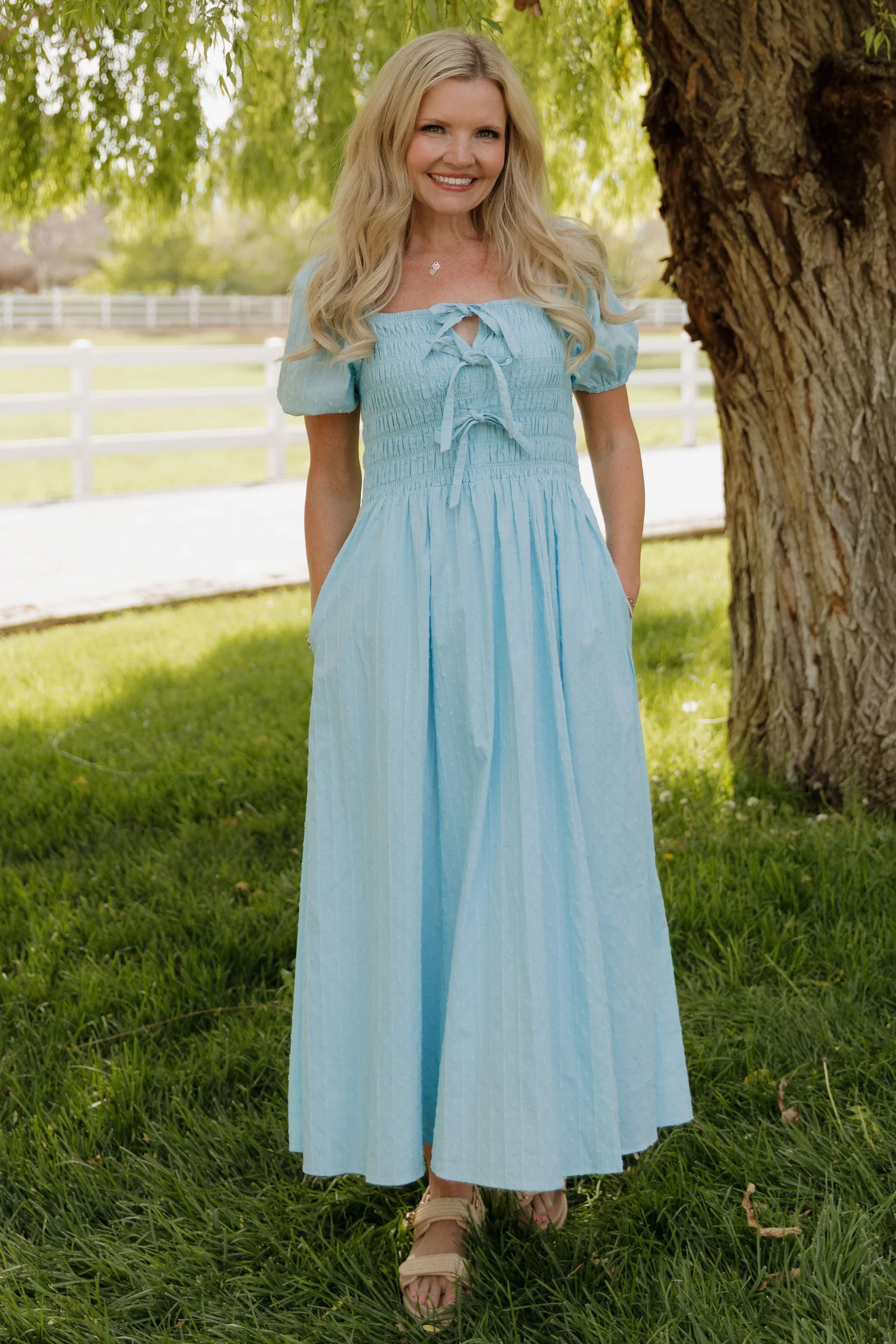THE SUZANNAH BOW DETAIL DRESS IN BLUE