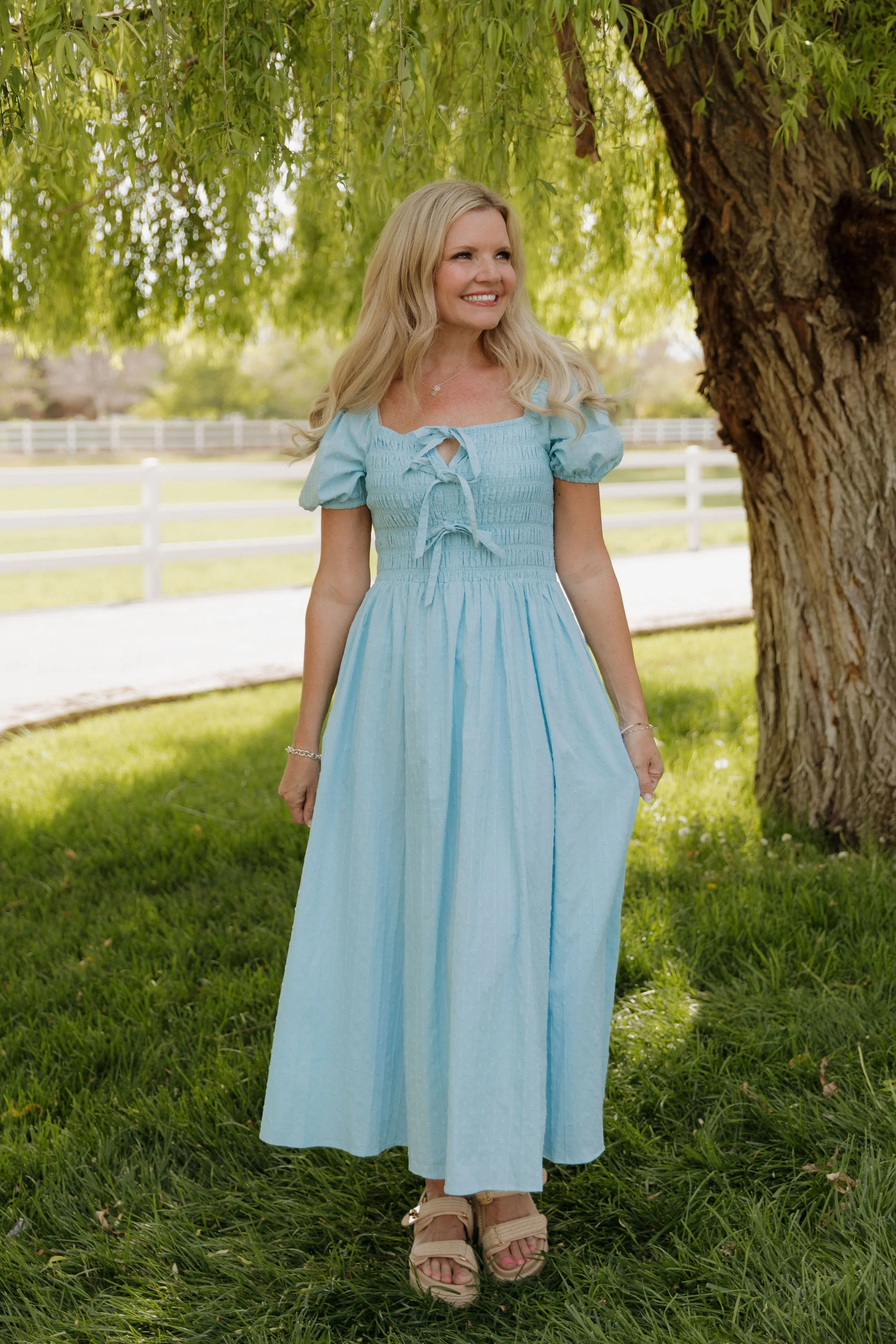 THE SUZANNAH BOW DETAIL DRESS IN BLUE - Image 2