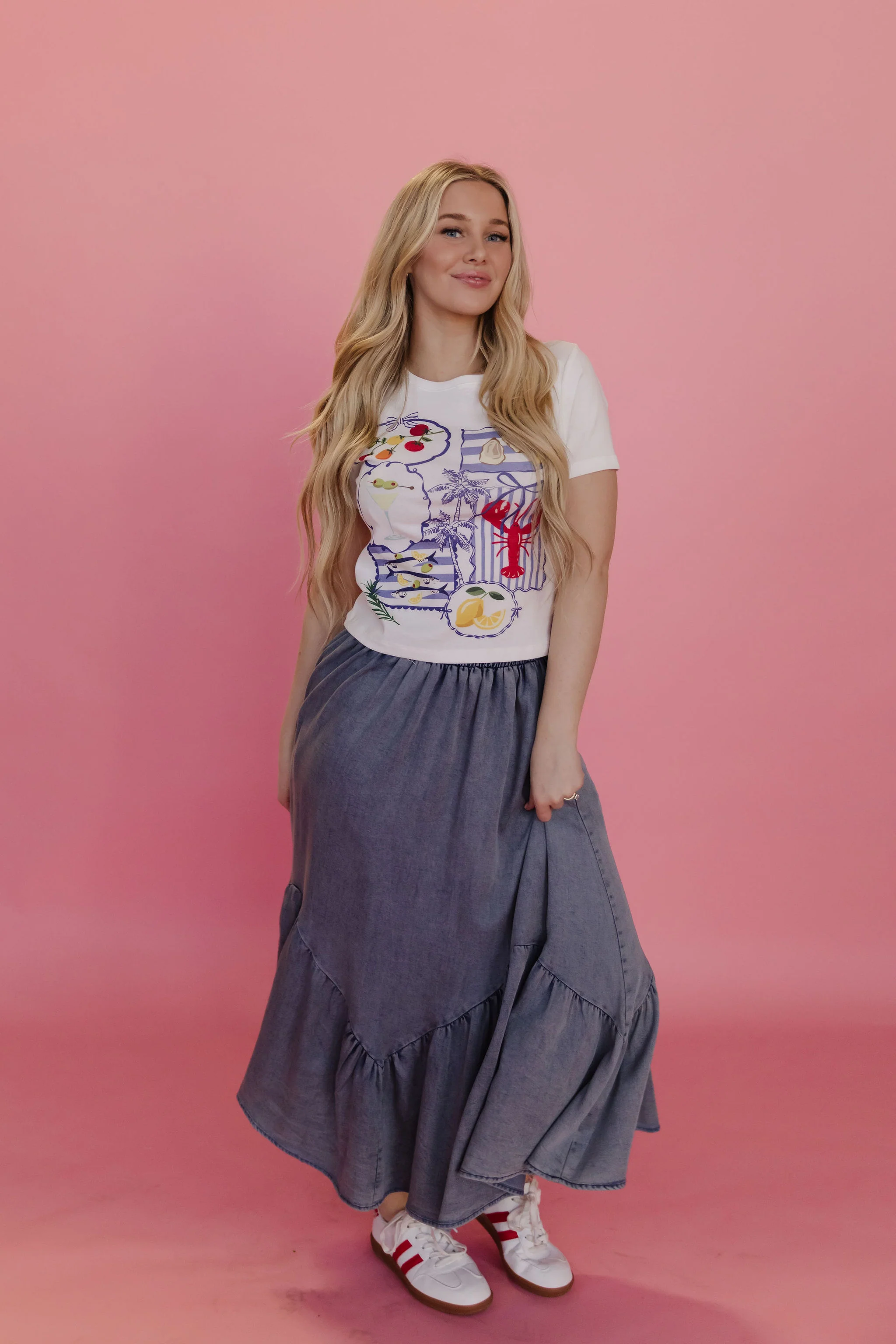 THE TASHA RUFFLE MIDI SKIRT IN DENIM