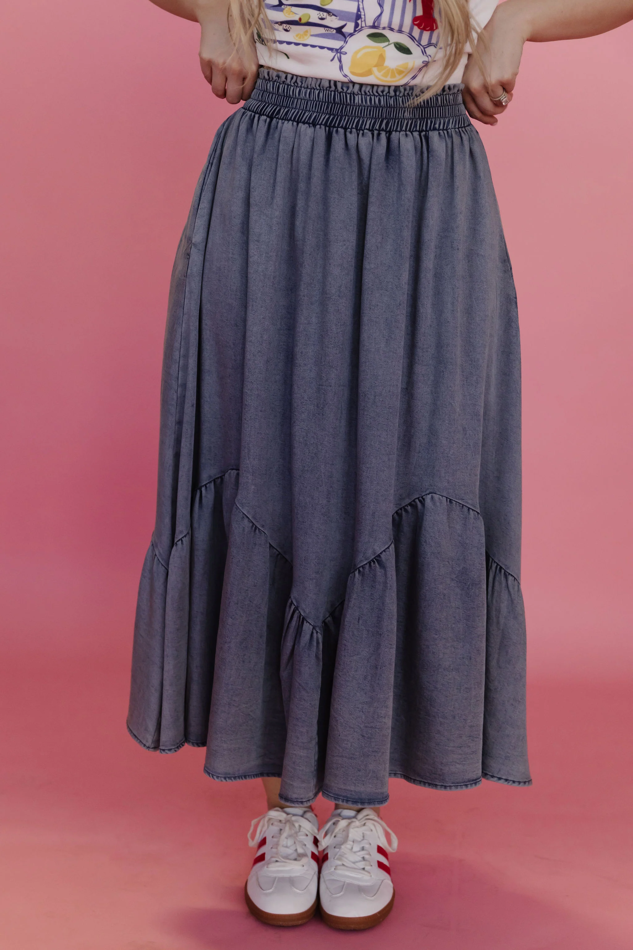 THE TASHA RUFFLE MIDI SKIRT IN DENIM - Image 2
