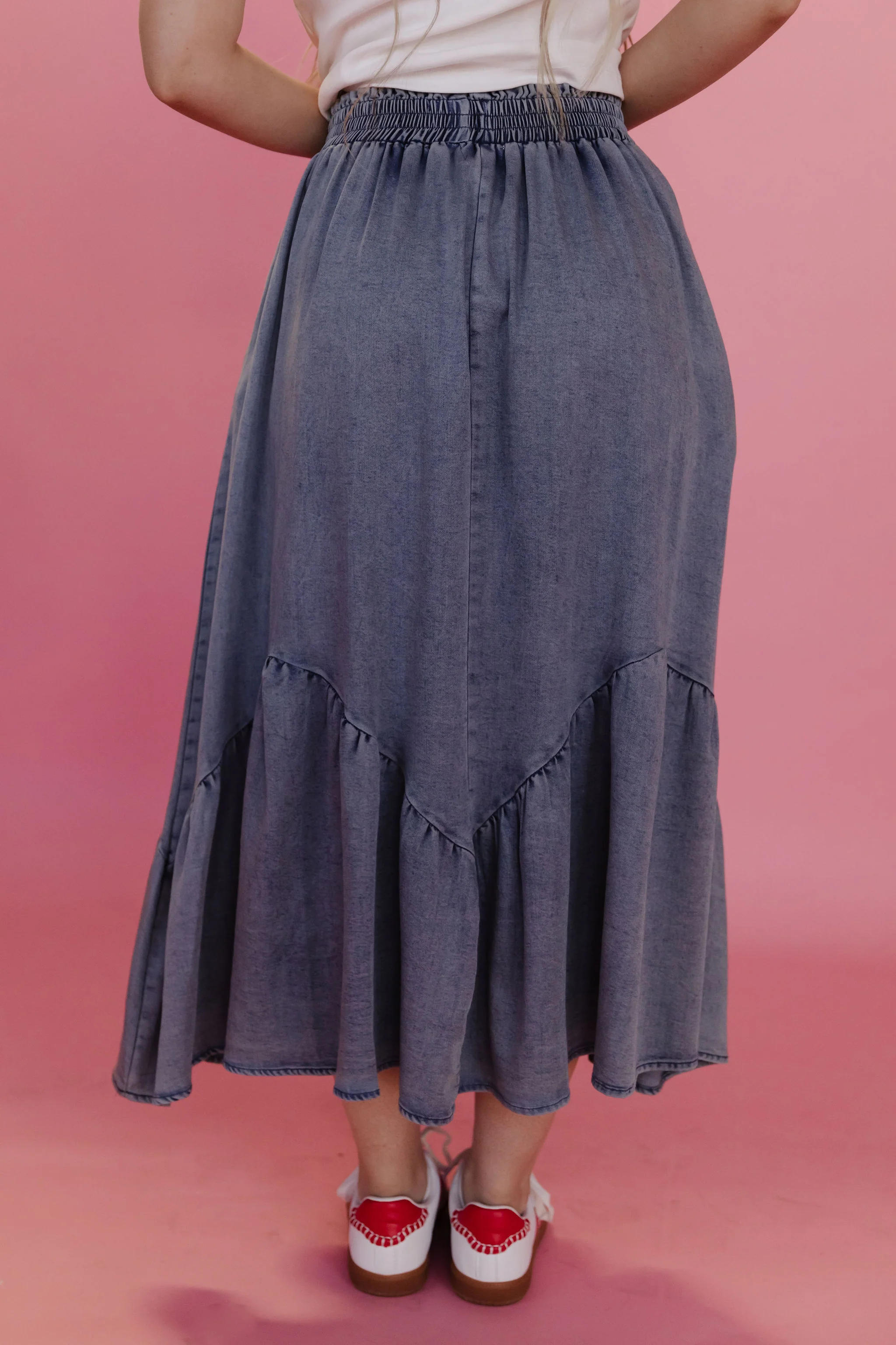 THE TASHA RUFFLE MIDI SKIRT IN DENIM - Image 5