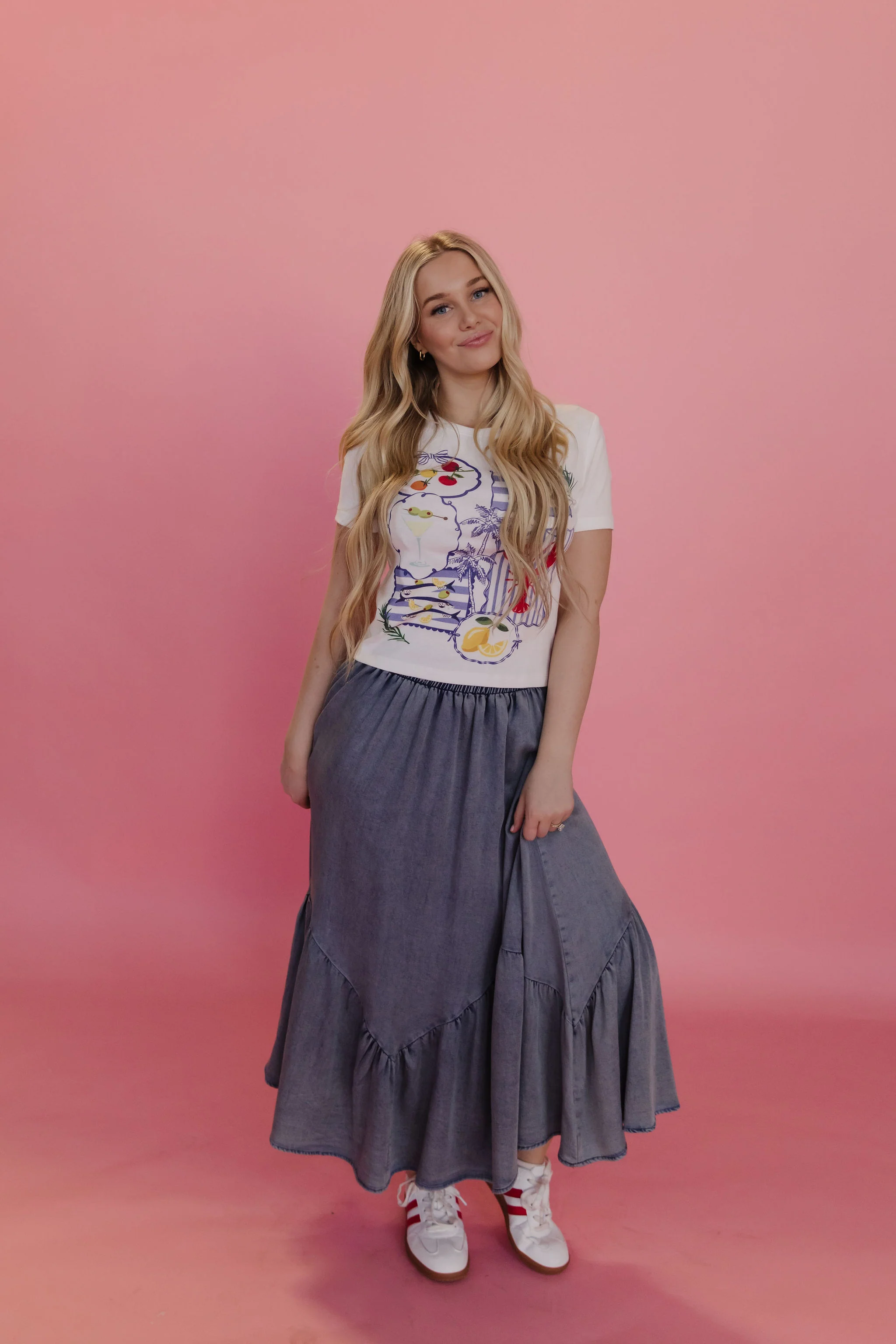 THE TASHA RUFFLE MIDI SKIRT IN DENIM - Image 7