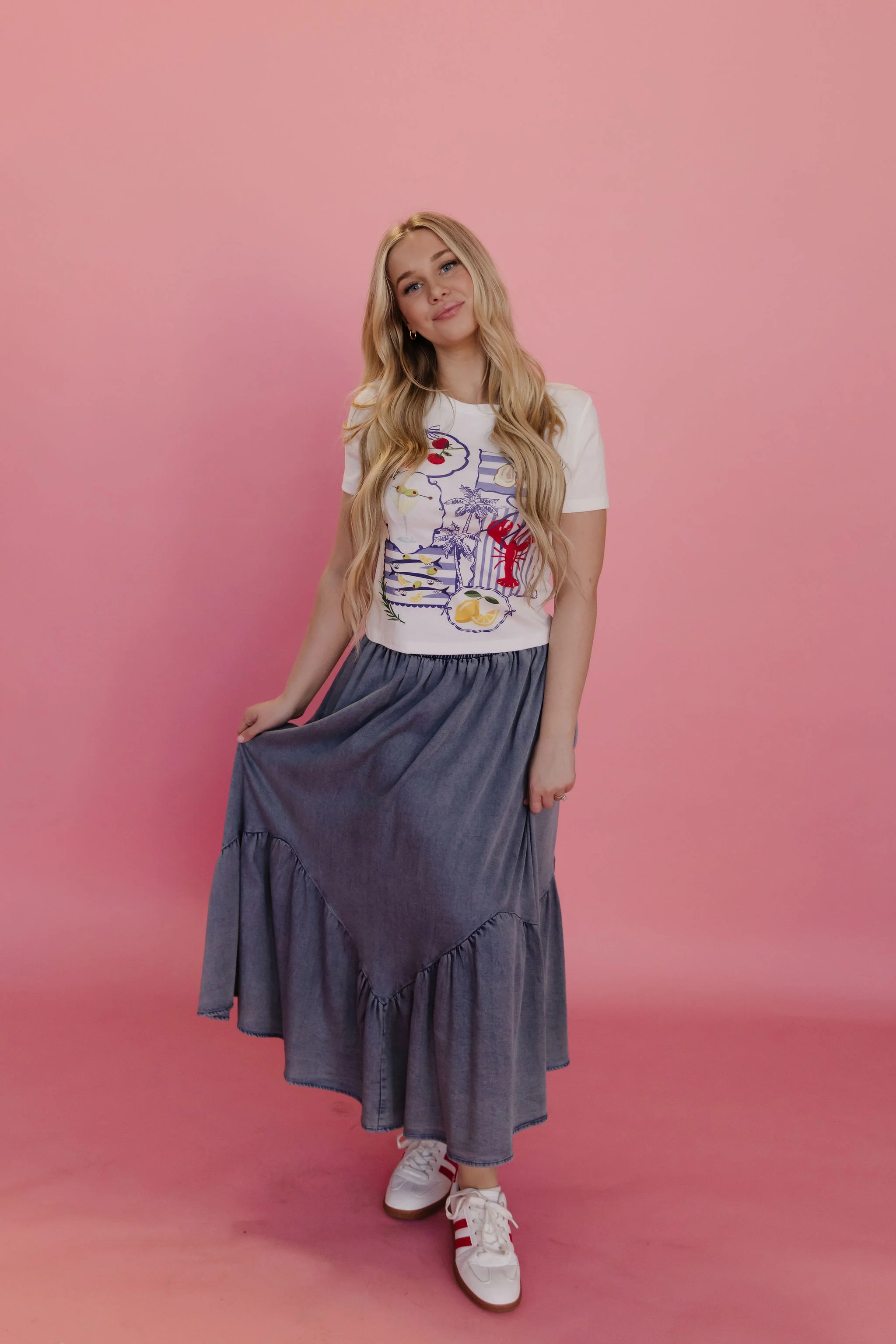 THE TASHA RUFFLE MIDI SKIRT IN DENIM - Image 8