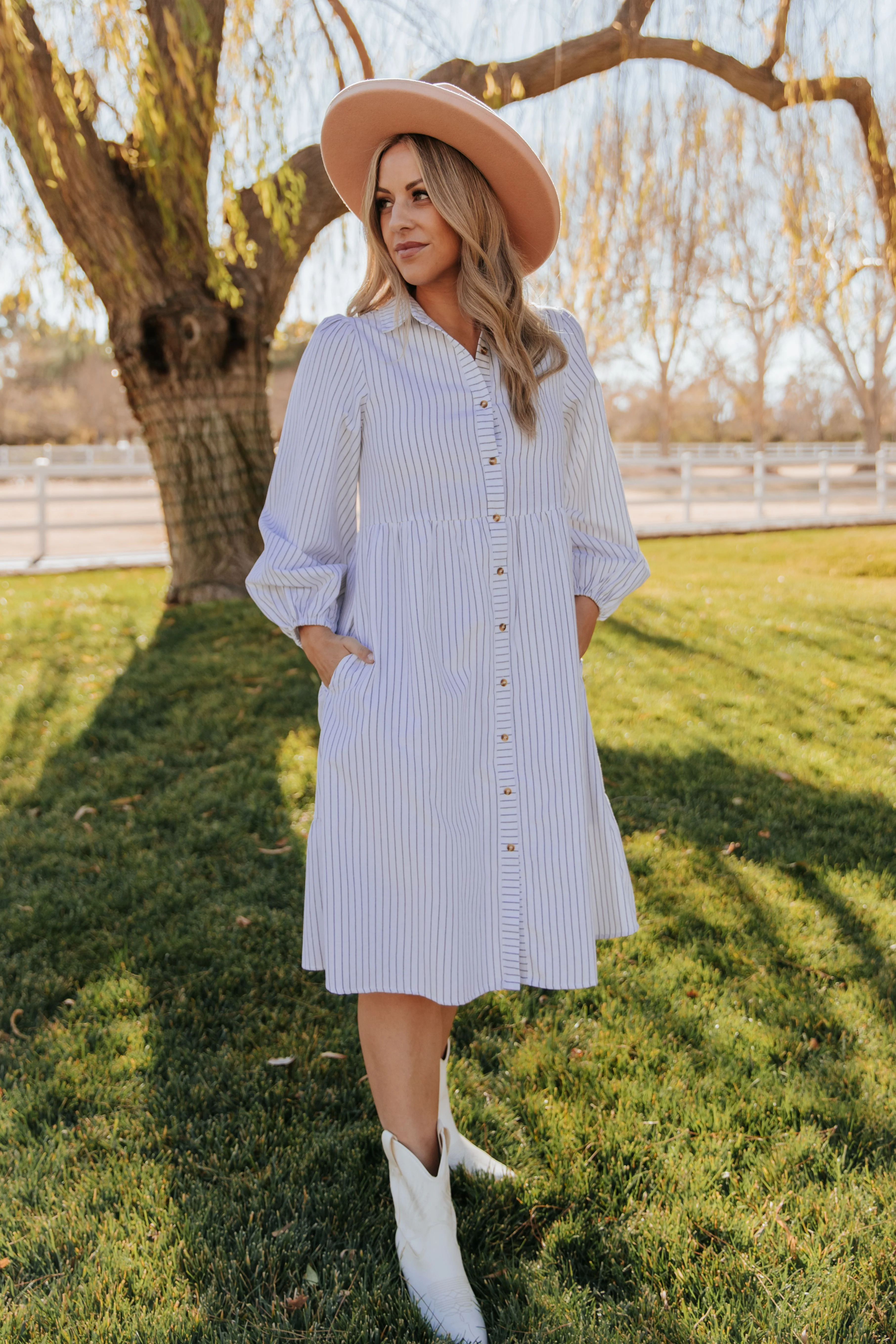 THE TASSA STRIPED BUTTON UP MIDI DRESS IN WHITE - Image 3