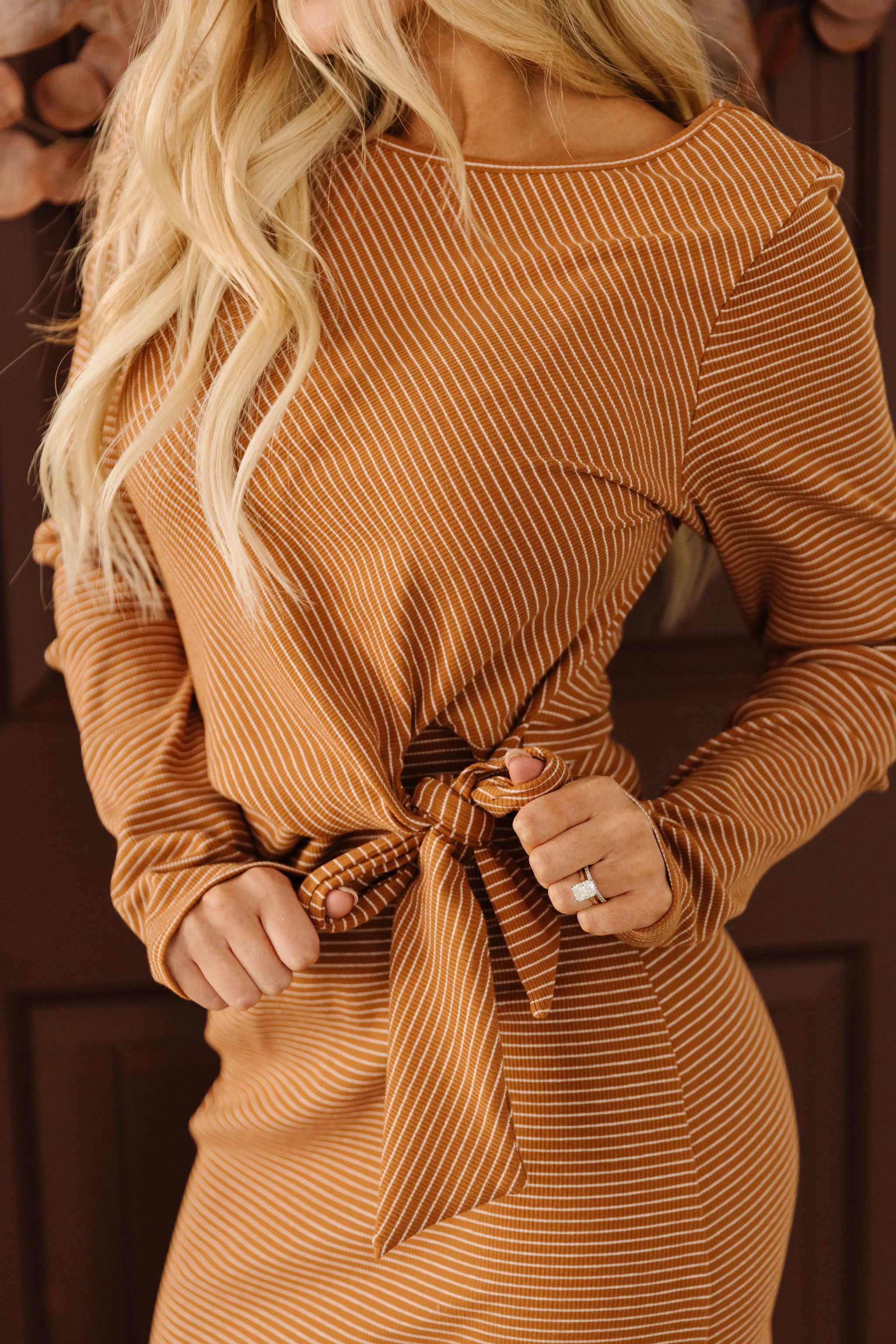 THE THERESA STRIPED MIDI DRESS IN CAMEL - Image 3