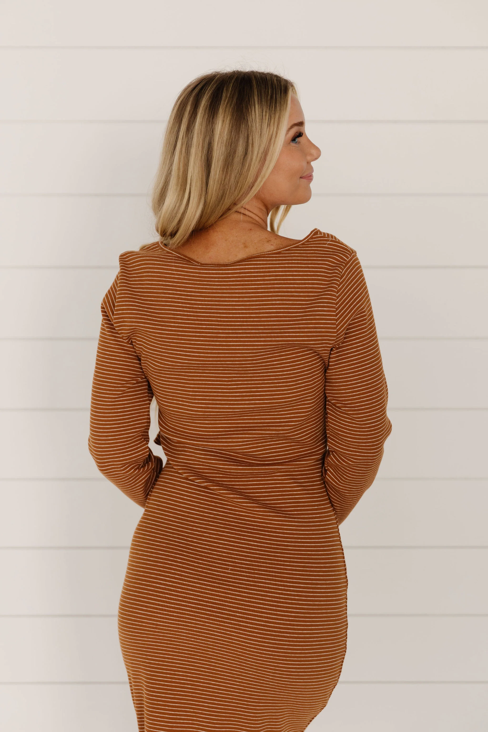THE THERESA STRIPED MIDI DRESS IN CAMEL - Image 7
