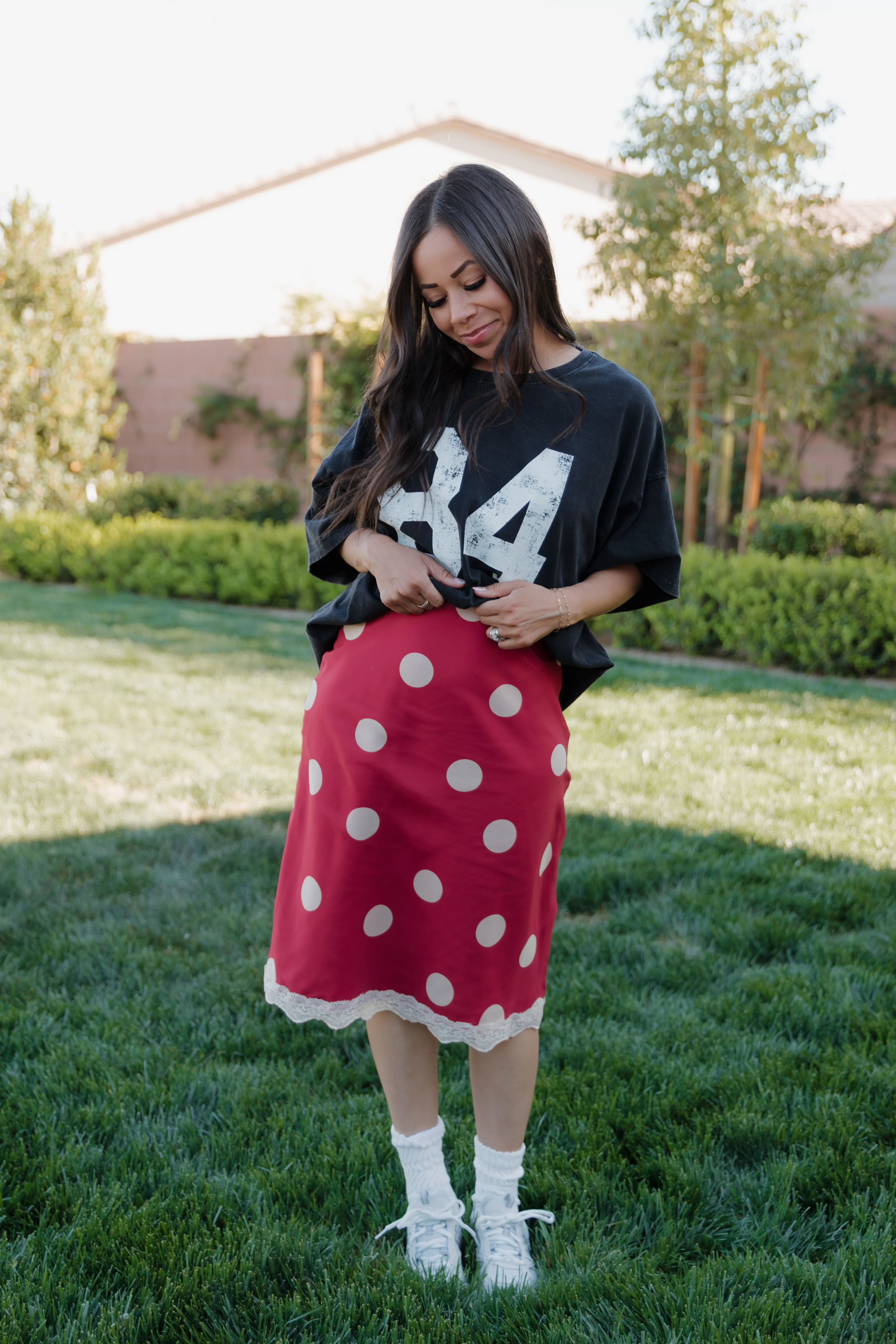 THE VICTORIA POLKA DOT MIDI SKIRT IN RED