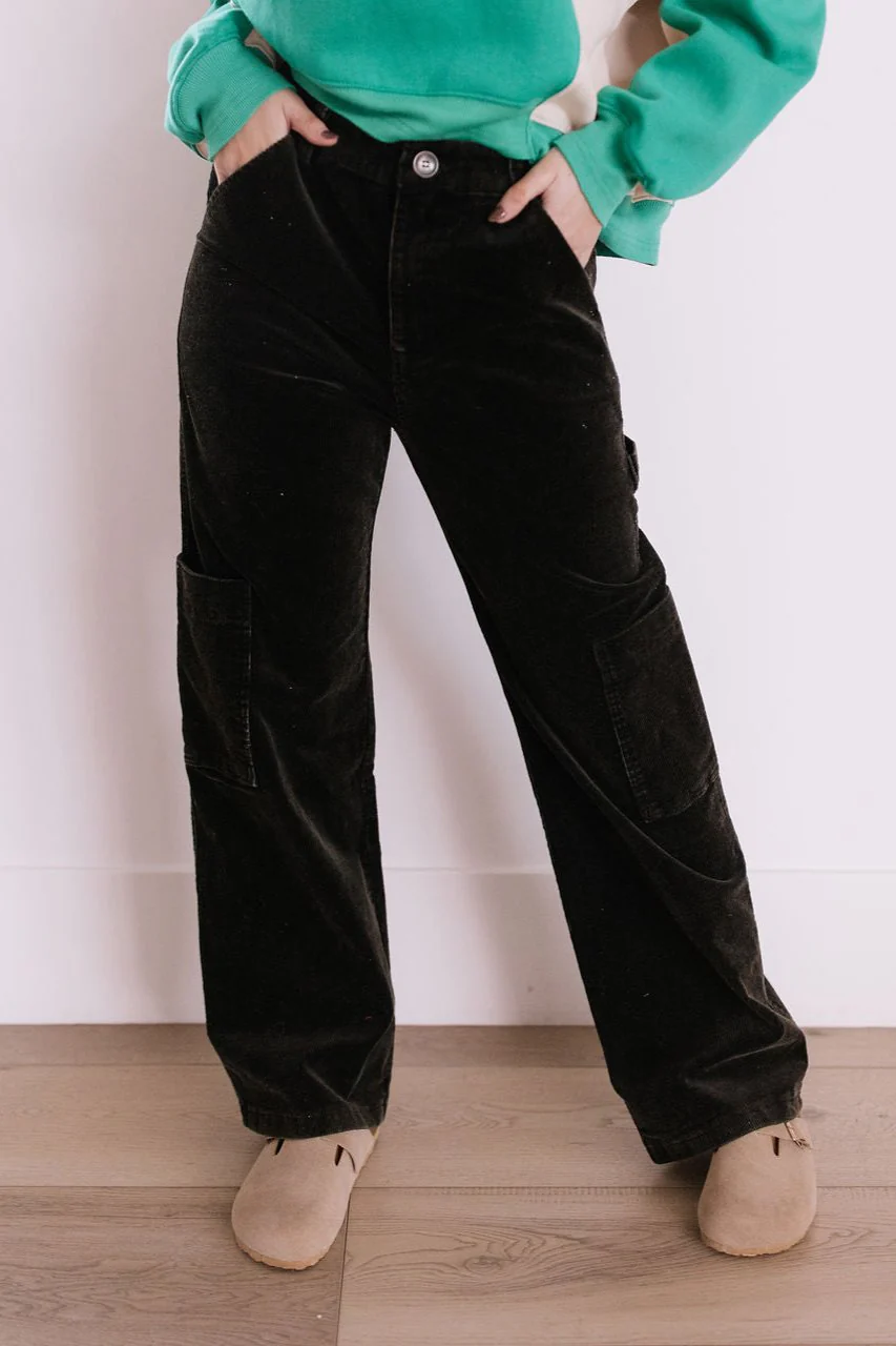THE WANETA WASHED WIDE LEG CORDUROY CARGO PANTS IN BLACK - Image 2