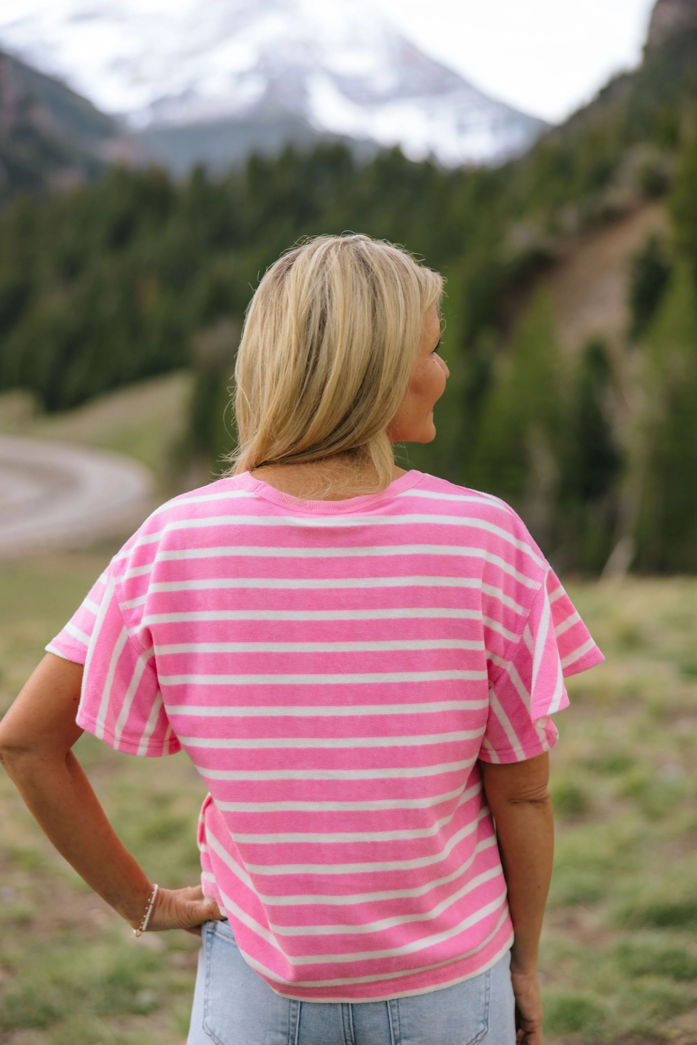 THE ZELLA RUFFLE SLEEVE STRIPE KNIT TOP IN PINK/WHITE - Image 6