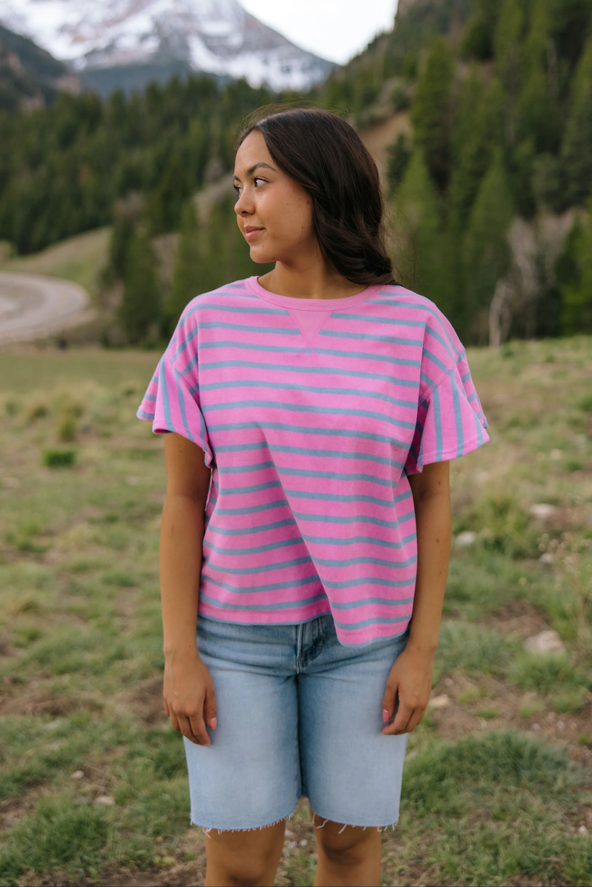 THE ZELLA RUFFLE SLEEVE STRIPE KNIT TOP IN PURPLE/BLUE - Image 2