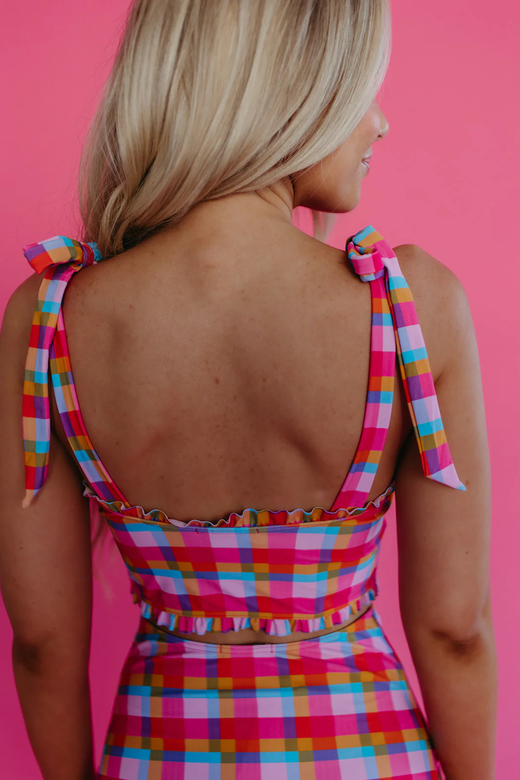 RUFFLE TIE STRAP MIDKINI SWIM TOP IN PALM SPRINGS PLAID BY PINK DESERT - Image 5